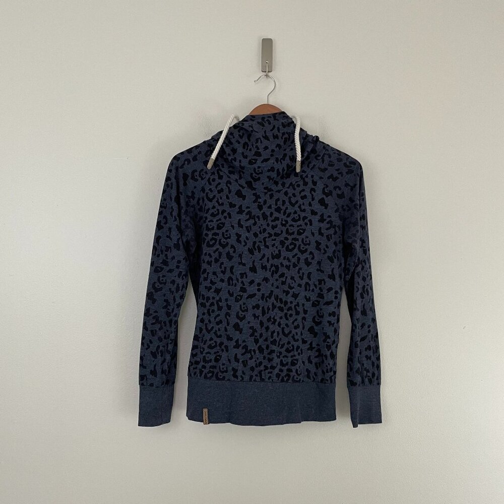 Naketano Blue Leopard Print Cowl Neck Pullover Hoodie Size Small